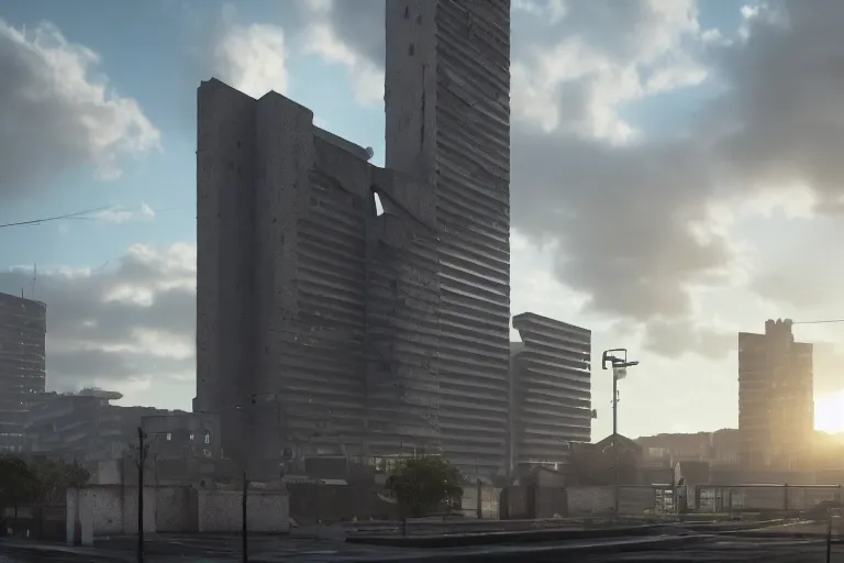 Image similar to streetscape, a towering cathedral of brutalist architecture, buildings covered with greebles, stunning volumetric light, sunset, metal, concrete and translucent material, stunning skies, majestic landscape, trending on Artstation, 8k, photorealistic, hyper detailed, unreal engine 5, IMAX quality, cinematic, epic lighting, in the style of Greg Rutkowski