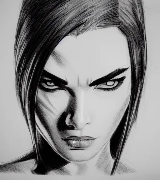 Prompt: tired sensual vigilante girl angry detailed rendering pencil painting realistic hd with frank Miller Alex Ross style trending Flickr