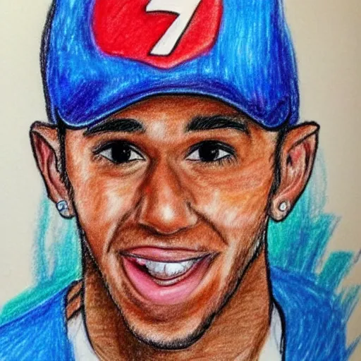 Image similar to a badly drawn picture of lewis hamilton, caricature!!!, funny, crayon art, bad, beginner art