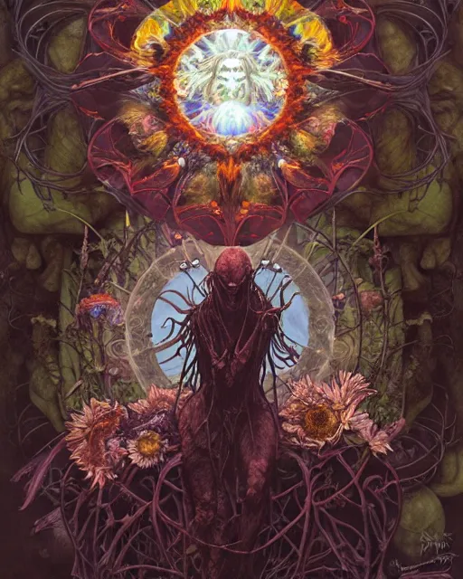 Prompt: the platonic ideal of flowers, rotting, insects and praying of cletus kasady carnage davinci dementor chtulu mandala ponyo dinotopia the witcher, fantasy, ego death, decay, dmt, psilocybin, concept art by randy vargas and greg rutkowski and ruan jia and alphonse mucha