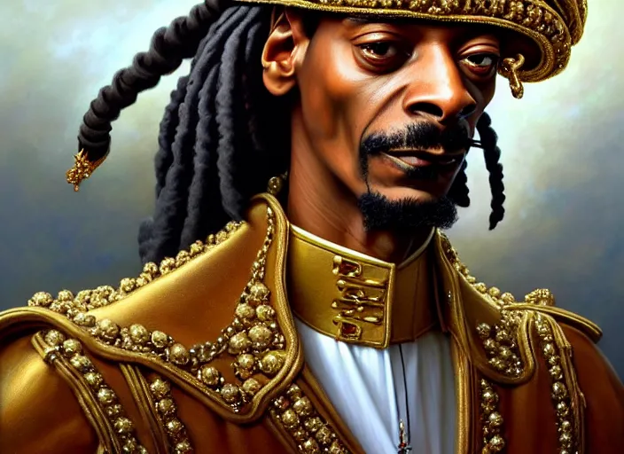 Image similar to snoop dog dressed as napoleon, intricate, elegant, highly detailed, centered, digital painting, artstation, concept art, smooth, sharp focus, illustration, artgerm, tomasz alen kopera, peter mohrbacher, donato giancola, joseph christian leyendecker, wlop, boris vallejo