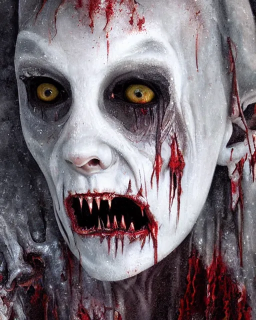 Image similar to Horrifying detailed painting of a pale, emaciated humanoid creature. It has sharp teeth and claws with pale milky eyes; snow, woods, blood; dark cinematic lighting, hyper detailed, moody; painted by Greg Rukowtski