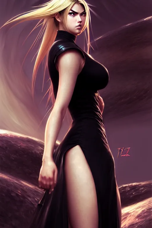 Prompt: Tekken 4 fighter anime Stunning Portrait of Kate Upton wearing a long black dress by Greg Rutkowski, blonde long hair, in a fighting stance, digital painting, artstation, concept art, soft light, hdri, smooth, sharp focus, illustration, art by tian zi, craig mullins, Mark Arian, WLOP, alphonse mucha