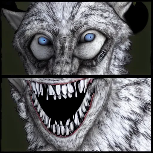 Image similar to SCP wolf. Photorealistic. Bloody teeth.