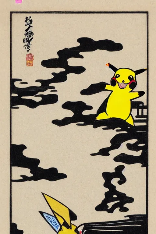 Prompt: surfing Pikachu, ukiyo Japanese woodblock print