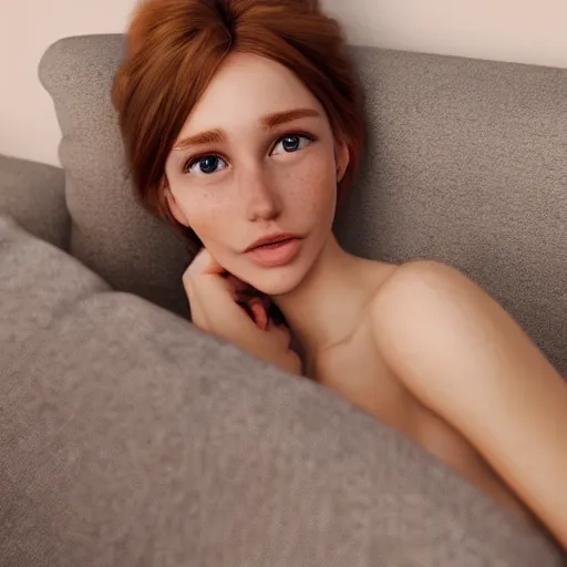 Prompt: portrait of a cute thin young woman, red blush, cute freckles wearing casual clothes, small smile, relaxing on a couch, cozy living room, close up shot, 8 k, art by diego fazio and irakli nadar, hyperrealism, hyperdetailed, ultra realistic