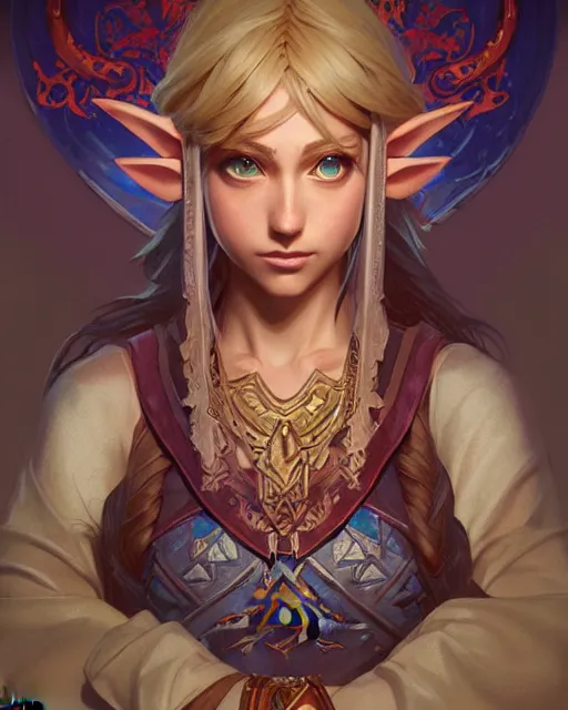 Image similar to legend of Zelda, D&D, fantasy, intricate, elegant, highly detailed, digital painting, artstation, concept art, matte, sharp focus, illustration, hearthstone, art by Artgerm and Greg Rutkowski and Alphonse Mucha