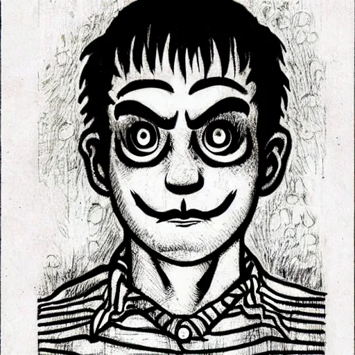 Prompt: A portrait of Mario drawn by Junji Ito, horror, gothic, fantasy, manga