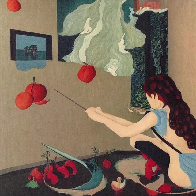 Image similar to female emo art student in her apartment, painting of flood waters inside an artist's feminine bedroom, a river flooding indoors, pomegranates, pigs, ikebana, water, octopus, river, rapids, waterfall, black swans, canoe, berries, acrylic on canvas, surrealist, by magritte and monet