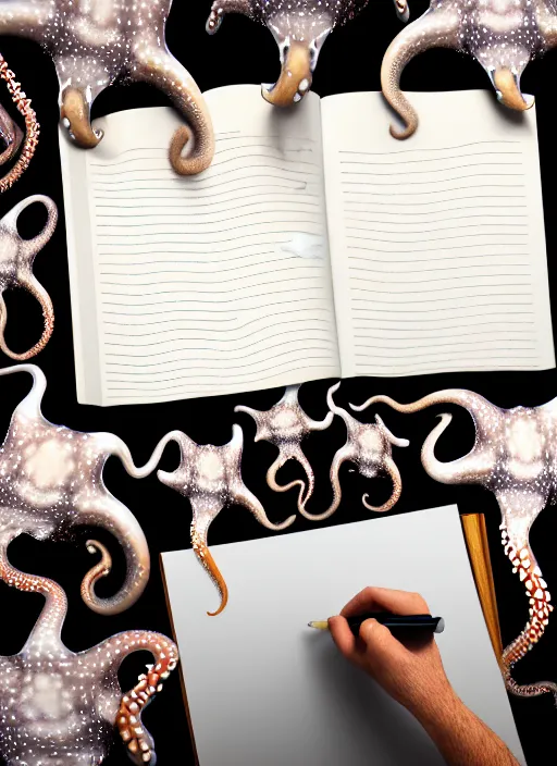 Image similar to realistic detailed image of a white-spotted octopus sand-writing a list of names at night, cinematic, hyper realism, high detail, octane render, unreal engine, 8k, extremely detailed, 8k.