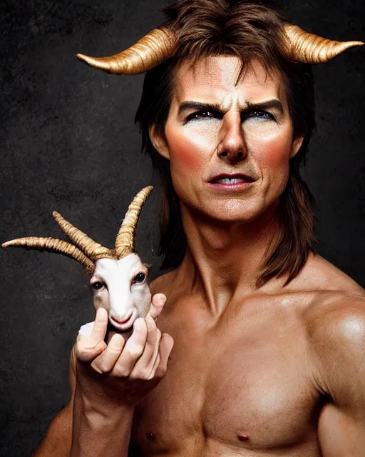 Image similar to actor Tom Cruise in Elaborate Pan Satyr Goat Man Makeup and prosthetics designed by Rick Baker, Hyperreal, Head Shots Photographed in the Style of Annie Leibovitz, Studio Lighting