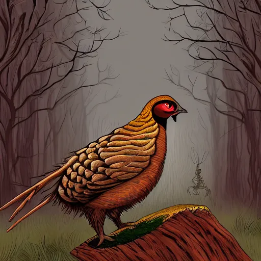Prompt: pheasant guard sits with weapon on the back on a stump, in deep forest, style by Hedgehog in the Fog , by Yuri Norstein art, Mouse Guard by David Petersen, Mouse Guard, big details, scary cartoons,