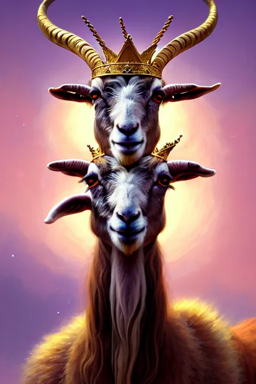 Image similar to highly detailed portrait of a three - headed goat wearing golden crown and pink dress, stephen bliss, unreal engine, fantasy art by greg rutkowski, rhads, ferdinand knab, makoto shinkai and lois van baarle, ilya kuvshinov, rossdraws, tom bagshaw, global illumination, radiant light, red blue theme, meadow