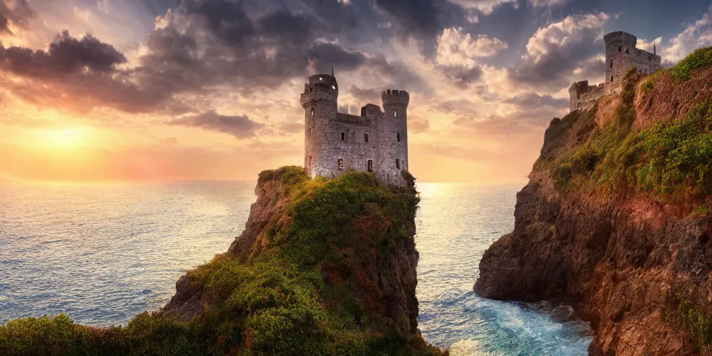 Prompt: A castle by the cliff next to the sea, dawn setting, HDR, god rays,4k hd wallpaper, photo realistic, high detail