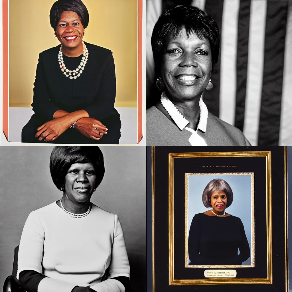 Prompt: Official Portrait of the United States President, 1968. She is a former professor from Vermont. She is a 62 year old black woman. Carte-photograph in the Library of Congress.
