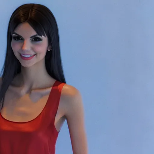 Image similar to photorealistic 3D render of Victoria Justice dressed in a silk tank-top while she thinks a memory she thought she had but the memory was from the mind of the King of razor blades, Pinterest filter, complex detail added after taking the film still at 16K resolution, amazingly epic visuals, epically luminous image, amazing lighting effect, image looks gorgeously crisp as far as it's visual fidelity goes, absolutely outstanding image, perfect film clarity, amazing film quality, iridescent image lighting, mega-beautiful pencil shadowing, 16k upscaled image, soft image shading, crisp image texture, intensely beautiful image, large format picture, it's a great portrait of the highest quality, great Pinterest photo, Vogue portrait is masterfully lit, intricate, elegant, highly detailed, smooth, sharp focus, award-winning, masterpiece, in the style of Tom Bagshaw, Cedric Peyravernay, Peter Mohrbacher