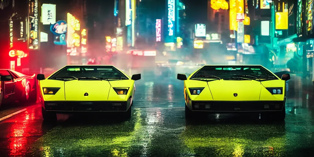 Image similar to photograph of two different coloured lamborghini countach parked in a rainy neo tokyo street at night with neon light signs illuminating the scene, sharp focus, highly detailed, ray tracing, cinematic, moody, hdr, 4 k, incredible detail, epic, misty, slight bokeh