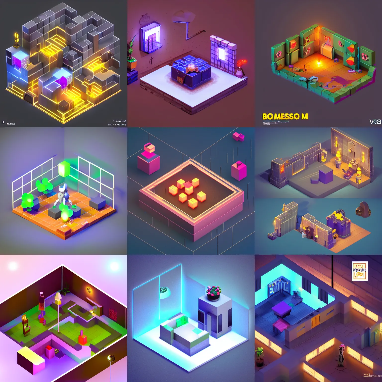 Prompt: isometric game art escape room with 3d objects, lights with bloom, trending on artstation, Mohamed Chahin style, vray render with ambient lights and volume 4k