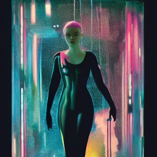 Image similar to silhouette of Elle Fanning in space, stormy weather, extremely detailed masterpiece, oil on canvas, low-key neon lighting, artstation, Blade Runner 2049, Roger Deakin’s cinematography, by J. C. Leyendecker and Peter Paul Rubens,