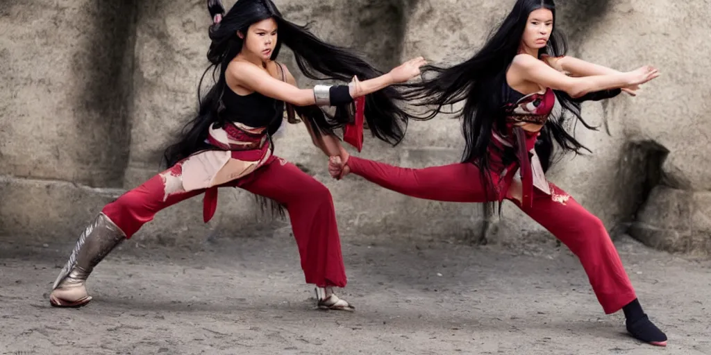 Image similar to bruna lee as hard fighting kung fu woman with gorgeous long black hair