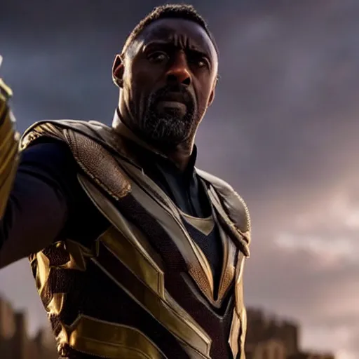 Image similar to film still of Idris Elba as Loki in new Avengers film, photorealistic 8k