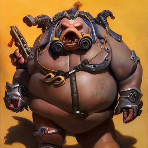 Image similar to detailed portrait of roadhog from overwatch, intricate, hyper detailed, realistic, oil painting, by julie bell, frank frazetta, cinematic lighting