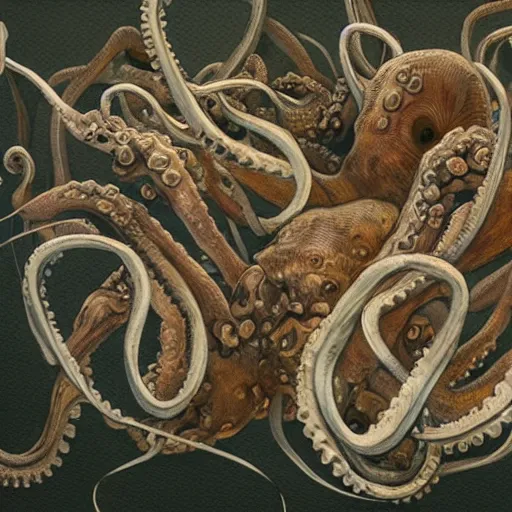 Prompt: a rib cage filled with octopuses wrapping their tentacles around the shining white bones, fantasy illustration