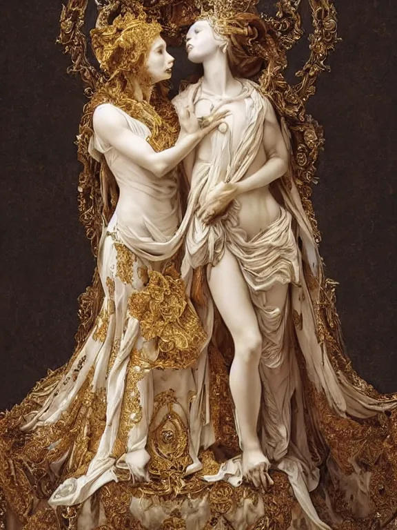 Prompt: a beautiful render of baroque catholic veiled sculpture, the red queen and the white queen pieta, with symmetry intricate detailed,by Lawrence Alma-Tadema, peter gric,aaron horkey,Billelis,trending on pinterest,hyperreal,jewelry,gold,intricate,maximalist,glittering,golden ratio,cinematic lighting