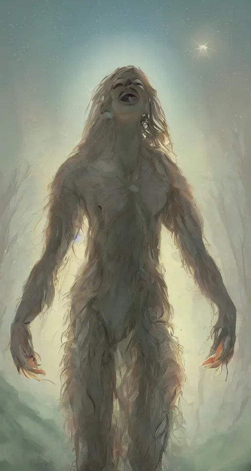 Image similar to A beautiful artwork illustration, a tall humanoid creature radiating curiosity, caring, and joy, exploring and looking around in an alternate universe, featured on artstation, wide angle, vertical orientation