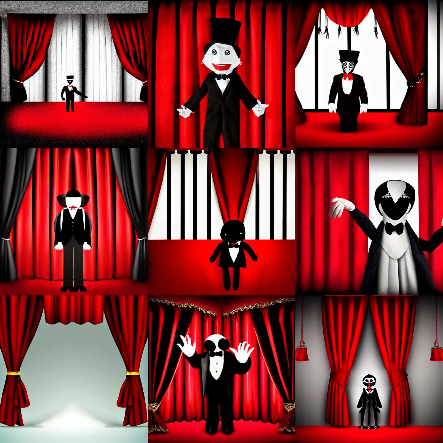 Prompt: puppet master in tuxedo behind red curtains, hand puppet strings, dark ambiance, realism