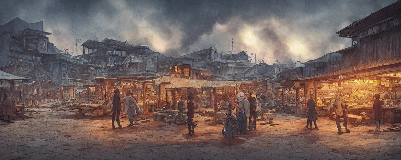 Prompt: “The eerie, forlorn atmosphere of a marketplace that is usually bustling with people but is now destroyed by wildfire in the style of studio ghibli, fantasy book illustration 8k movie poster, cinematic composition, ultra detailed, HDR shot”
