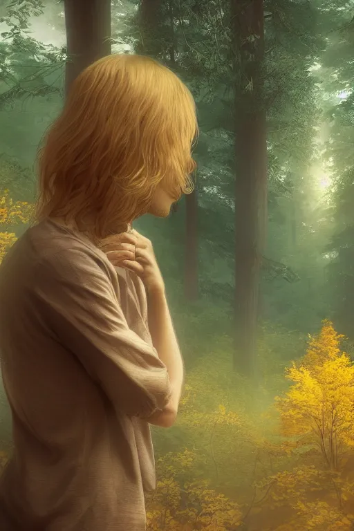 Image similar to pretty young man with long golden blond hair made of gold, demure, slender, back view, lost, trees, detailed forest background, webtoon, breathtaking scenery, colourful, 8 k, graphic novel, digital art trending on artstation, volumetric lighting, octane render, cinematic, hyper detailed, magical atmosphere, magical forest, ghibli