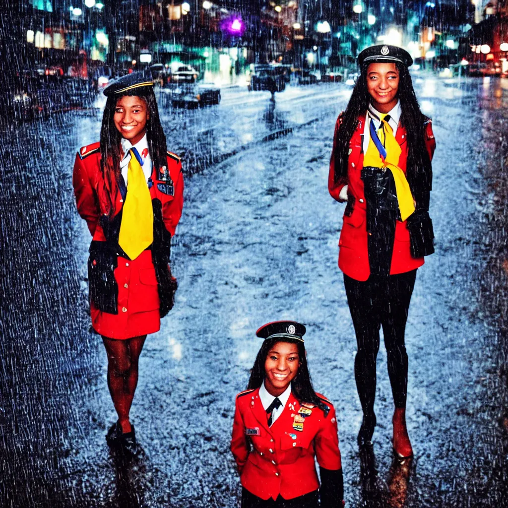 Image similar to night flash portrait photography of a high school girl in uniform on the lower east side by annie leibovitz, colorful, nighttime!, raining!