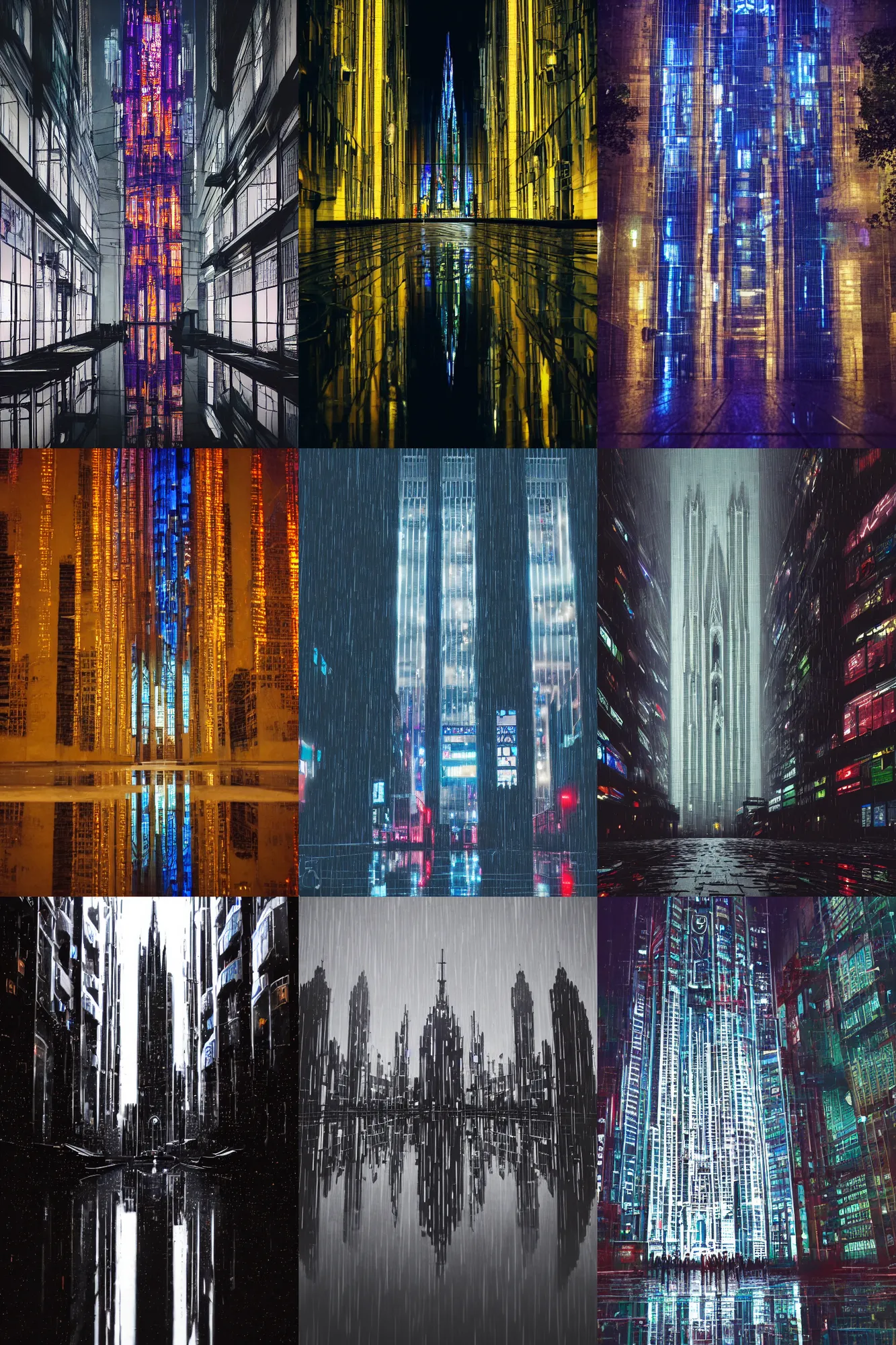 Prompt: a tall brightly lit cyberpunk cathedral at night, reflection visible in a rain puddles