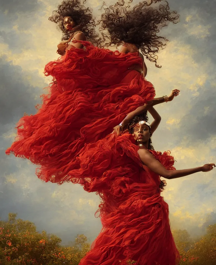 Image similar to a brown skinned queen with long dark curly hair and a red dress, windy, golden ribbons, stars, stoic, modern maximalist fashion dress, hyperdetailed, dramatic, epic painting, painted by jean honore fragonard and greg rutkowski, full body, octane render, sharpness, 8 k, golden ratio