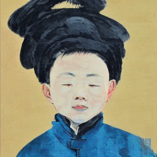 Image similar to bald chinese boy, expressionism painting art