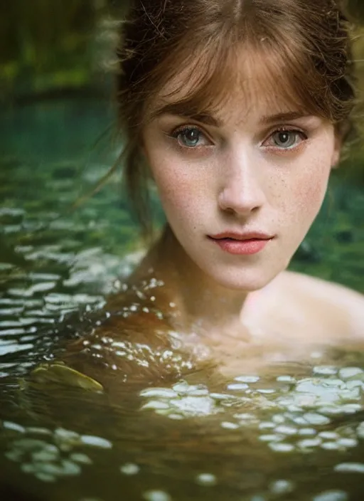 Image similar to Kodak Portra 400, 8K, soft light, volumetric lighting, highly detailed, britt marling style 3/4 ,portrait photo Close-up portrait photography of a beautiful woman how pre-Raphaelites, the face emerges from a pond surrounded by lily pads, thermal waters flowing down white travertine terraces, inspired by Ophelia paint ,and hair are intricate with highly detailed realistic beautiful flowers , Realistic, Refined, Highly Detailed, interstellar outdoor soft pastel lighting colors scheme, outdoor fine art photography, Hyper realistic, photo realistic