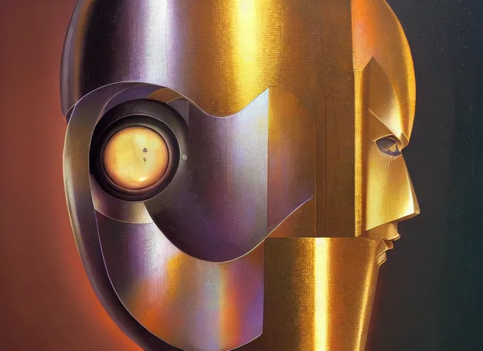 Prompt: asymmetrical portrait headshot of sci fi metallic human, bright eyes, melancholic complex geometric figure liminal biomechanics by oskar schlemmer, moebius, john berkey, film grain, oil on canvas, portrait facial head, featured on artstation, hd wallpaper, 8 k, bright colors, global radiant light