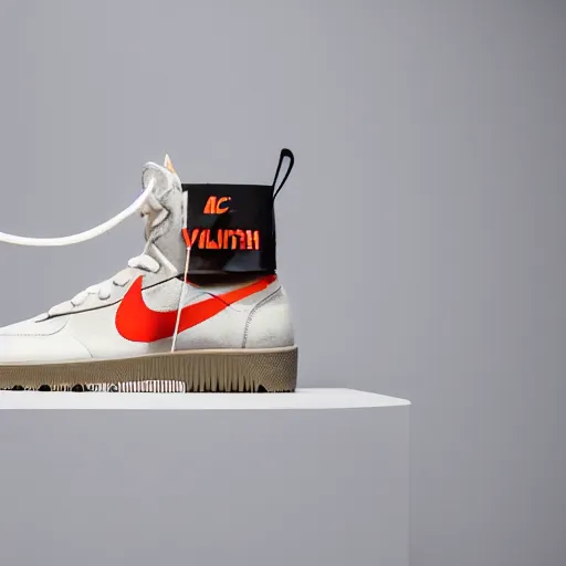 Image similar to a studio photoshoot of A floating Nike high top sneaker designed by Virgil Abloh, leather and suede, Off-White, realistic, color film photography by Tlyer Mitchell, 35 mm, graflex