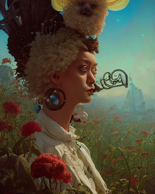 Image similar to highly detailed surreal vfx portrait of a rococopunk poodle, stephen bliss, unreal engine, greg rutkowski, loish, rhads, beeple, makoto shinkai and lois van baarle, ilya kuvshinov, rossdraws, tom bagshaw, alphonse mucha, global illumination, detailed and intricate environment