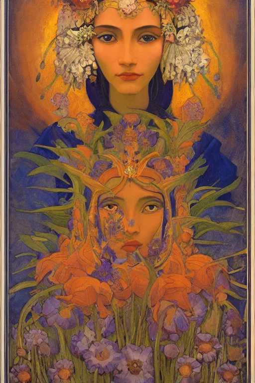 Image similar to queen of flowers, by Nicholas Roerich and Annie Swynnerton and Diego Rivera and jean delville, dramatic cinematic lighting , ornate headdress , flowing robes, sacred artifacts, lost civilizations, smooth, sharp focus, extremely detailed