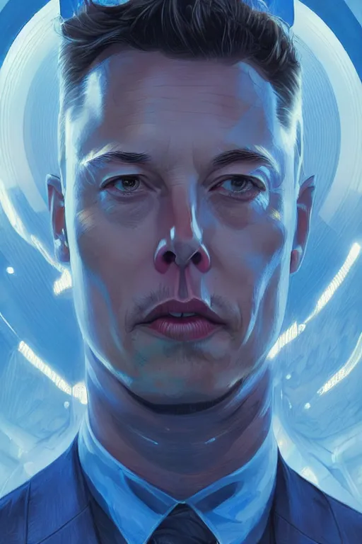 Image similar to elon musk as a blue suit spider man, realistic portrait, symmetrical, highly detailed, digital painting, artstation, concept art, smooth, sharp focus, illustration, cinematic lighting, art by artgerm and greg rutkowski and alphonse mucha