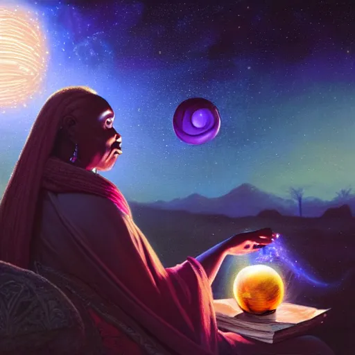 Prompt: an elder african psychic woman reading her crystal ball while holding a book of spells under a meteor shower, greg rutkowski and android jones and amanda sage, oil on canvas, vivid colors 8k