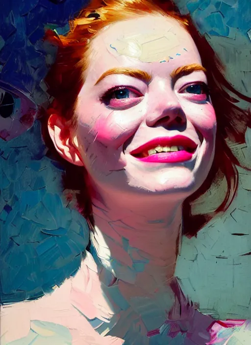 Image similar to portrait of a emma stone, smiling, ecstatic, dancing, eyes closed, open mouth, shades of pink and blue, beautiful face, rule of thirds, intricate outfit, spotlight, by greg rutkowski, by jeremy mann, by francoise nielly, by van gogh, digital painting