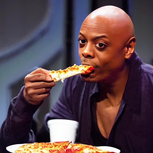 Prompt: dave chapelle biting into a slice of pizza at on stage at a comedy club