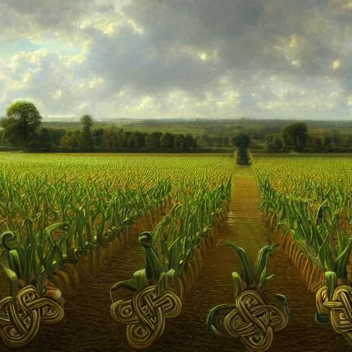 Image similar to a beautiful and highly detailed matte painting of a baseball field in a corn field, celtic knots, intricate details, epic scale, insanely complex, 8 k, sharp focus, hyperrealism, very realistic, by caspar friedrich, albert bierstadt, james gurney, brian froud,