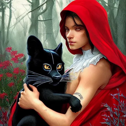 Image similar to Beautiful Portrait of Little Red Riding Hood with a black panther, intricate, wild, highly detailed, digital painting, artstation, concept art, smooth, sharp focus, illustration, art by artgerm and greg rutkowski and alphonse mucha, footage from space camera