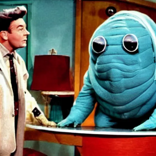 Prompt: 5 0 s tardigrade sitcom about giant tardigrades living in a house and wearing clothes. no one but tardigrades are on the show.