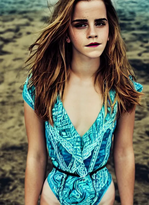 Image similar to Emma Watson for Victorian Secret, perfect face, hot summertime hippie, psychedelic swimsuit, lies, sandy beach, cloudy day, full length shot, shooting angle from below, XF IQ4, 150MP, 50mm, f/1.4, ISO 200, 1/160s, natural light, Adobe Photoshop, Adobe Lightroom, DxO Photolab, Corel PaintShop Pro, rule of thirds, symmetrical balance, depth layering, polarizing filter, Sense of Depth, AI enhanced