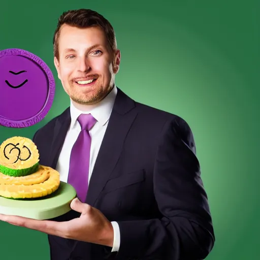Image similar to corporate portrait, anthropomorphic edible piechart, purple green color scheme, professional studio lighting